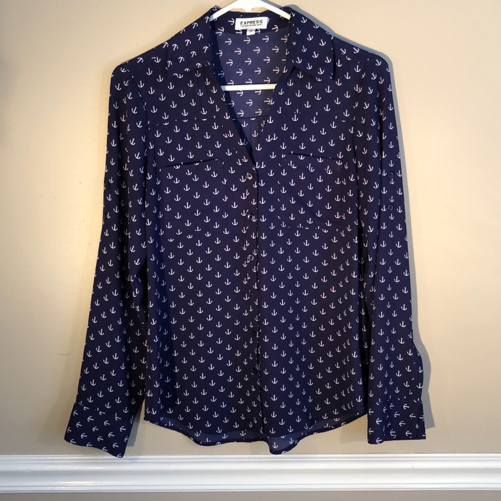 Navy Blue with White Anchors Portofino Button Up